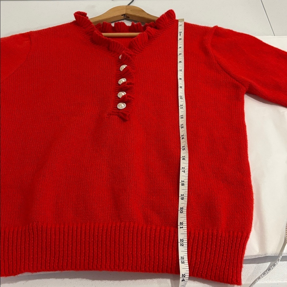Valentine’s fluffy red sweater ruffle & button detailing ruffled cuffs sz medium - Picture 10 of 12